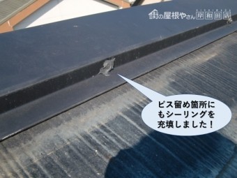熊取町の棟板金のビス留め箇所にもシーリング充填