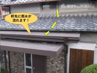 泉北郡忠岡町の玄関庇・軒先に雨水が流れます
