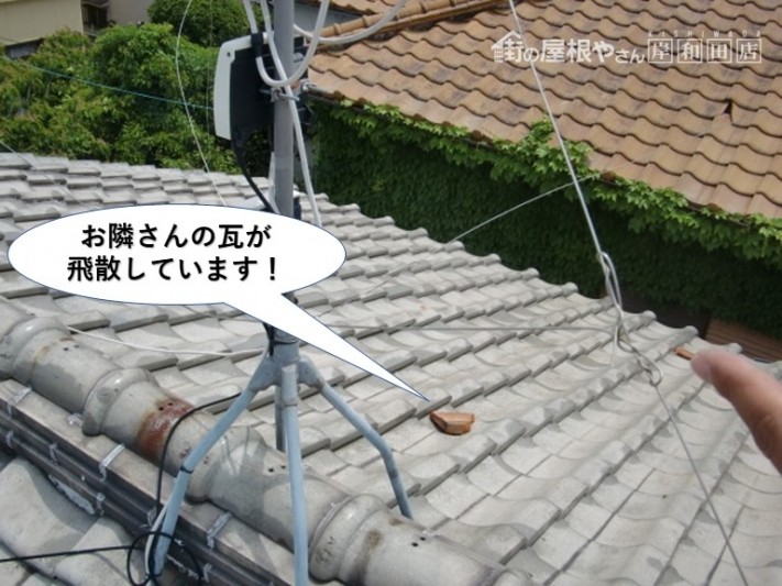 泉佐野市の屋根にお隣さんの瓦が飛散しています