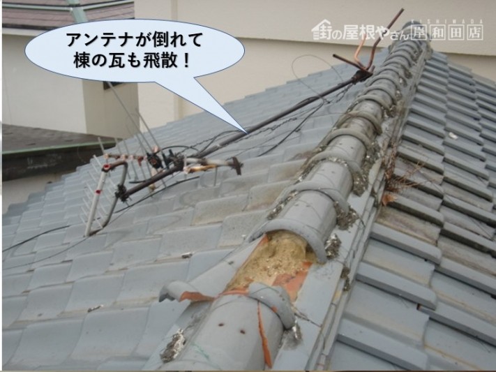 泉佐野市のアンテナが倒れて棟の瓦が飛散