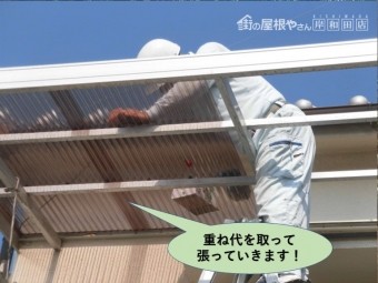 泉北郡忠岡町の波板を重ね代を取って張っていきます