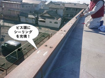 岸和田市の笠木を固定したビス頭にシーリングを充填