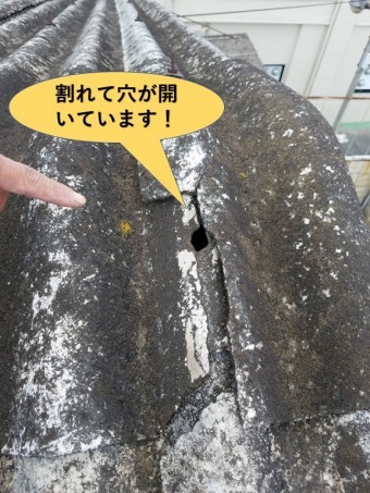 和泉市の工場のスレート屋根が割れて穴が開いています