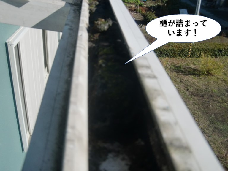 泉南市のテラスの樋が詰まっています