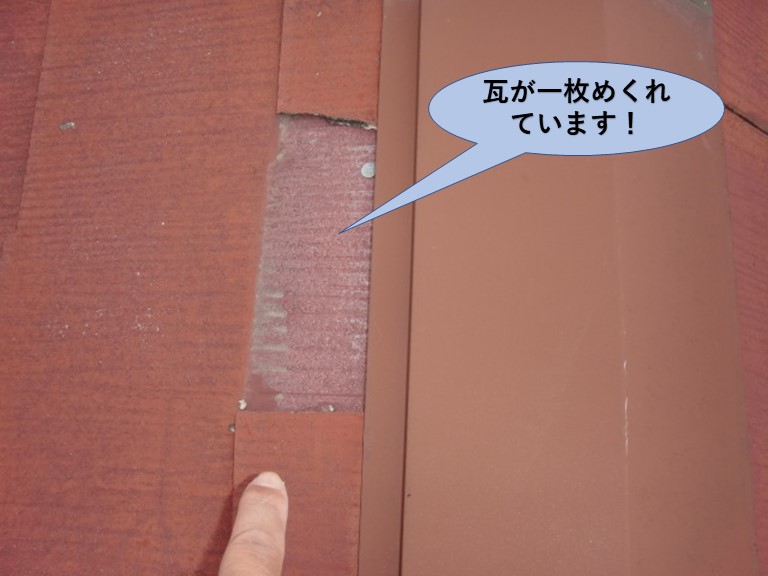 岸和田市の屋根の瓦が一枚めくれています