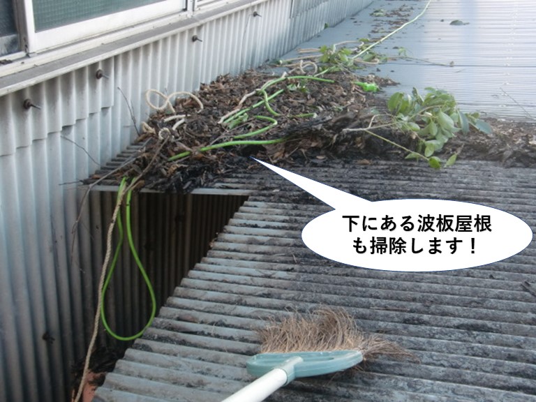 岸和田市の倉庫の下にある波板屋根も清掃
