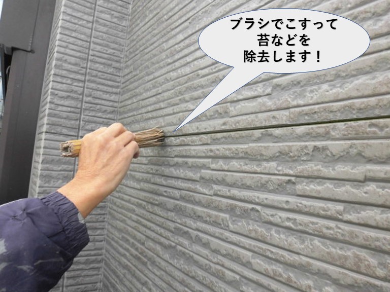 貝塚市の外壁横目地をブラシでこすって苔などを除去します！