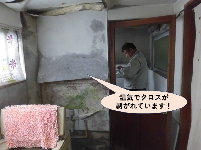 岸和田市の洗面所で湿気でクロスが剥がれています！