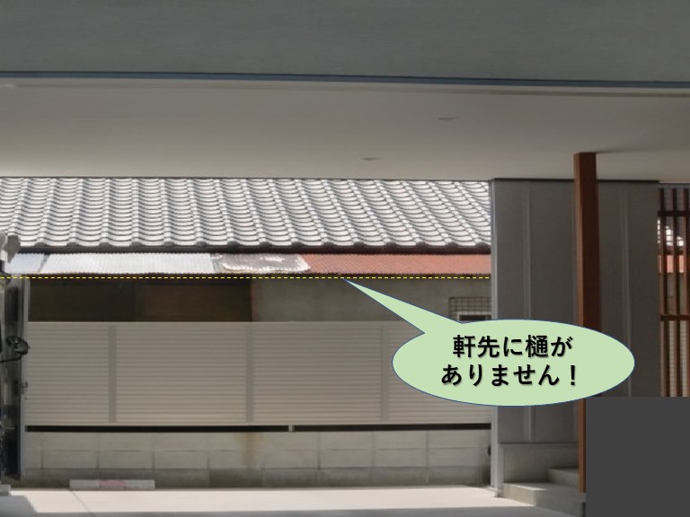 岸和田市の物干し場の屋根の軒先に樋がありません