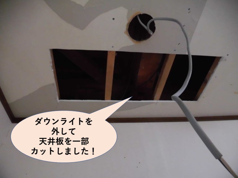 岸和田市のダウンライトを外して天井板を一部カット