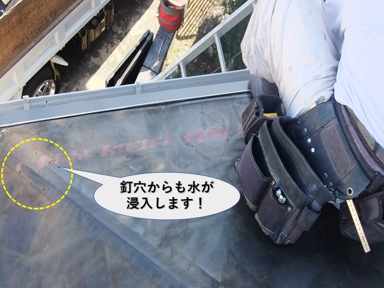 岸和田市の下屋の防水シートの釘穴からも水が浸入します！
