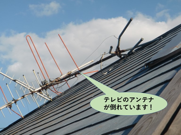 貝塚市の屋根のテレビのアンテナが倒れています