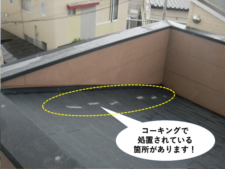 熊取町の屋根をコーキングで防水されています
