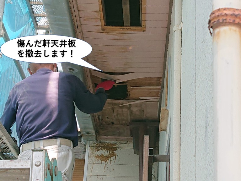 岸和田市の傷んだ軒天井板を撤去します