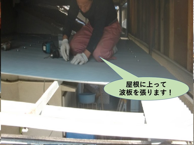 堺市中区の屋根に上って波板を張ります