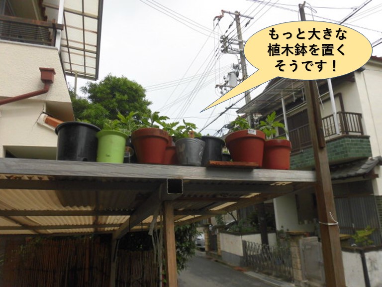 岸和田市のカーポートの屋根に大きな植木鉢を置きます