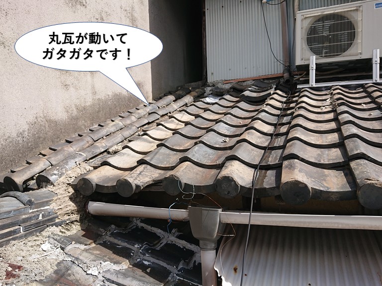 熊取町の下屋の丸瓦が動いてガタガタです