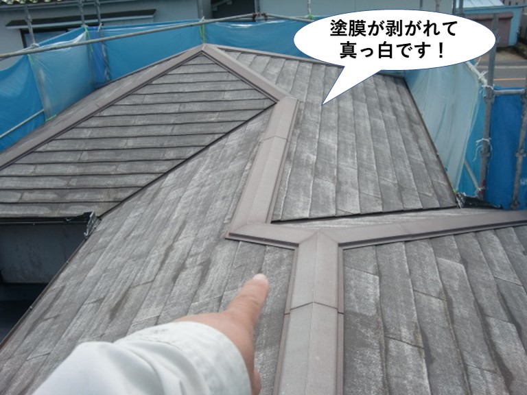 岸和田市の屋根の塗膜が剥がれて真っ白です