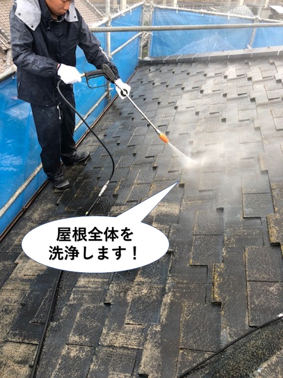 忠岡町の屋根全体を洗浄します