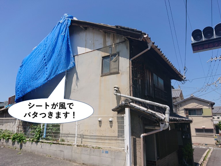 熊取町の屋根の応急処置のシートが風でバタつきます