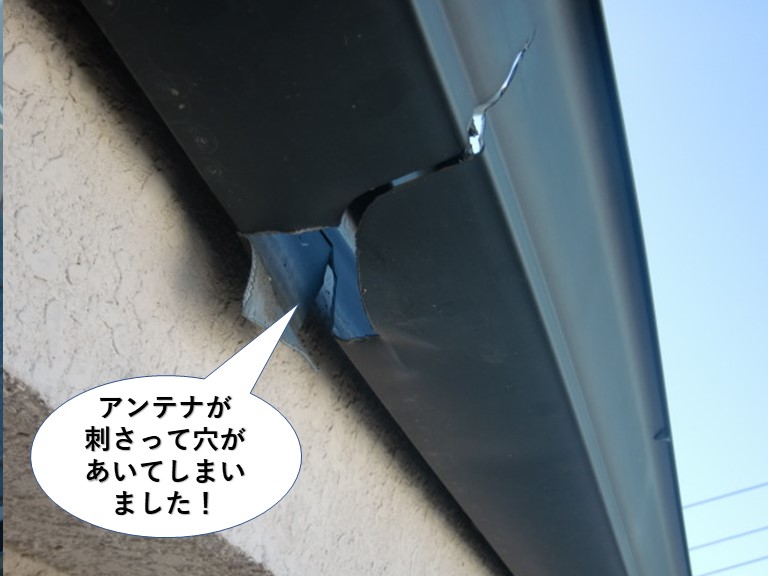 和泉市の雨樋にアンテナが刺さって穴が開いていました