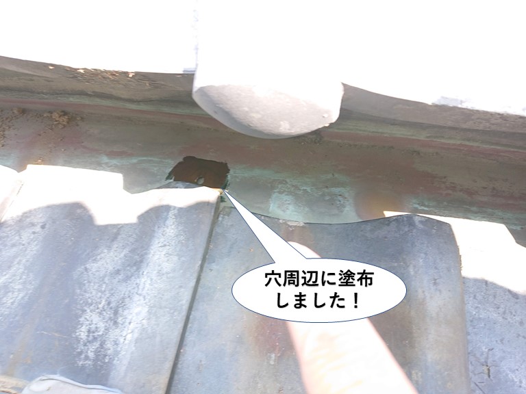 岸和田市の谷樋の穴周辺に塗布しました
