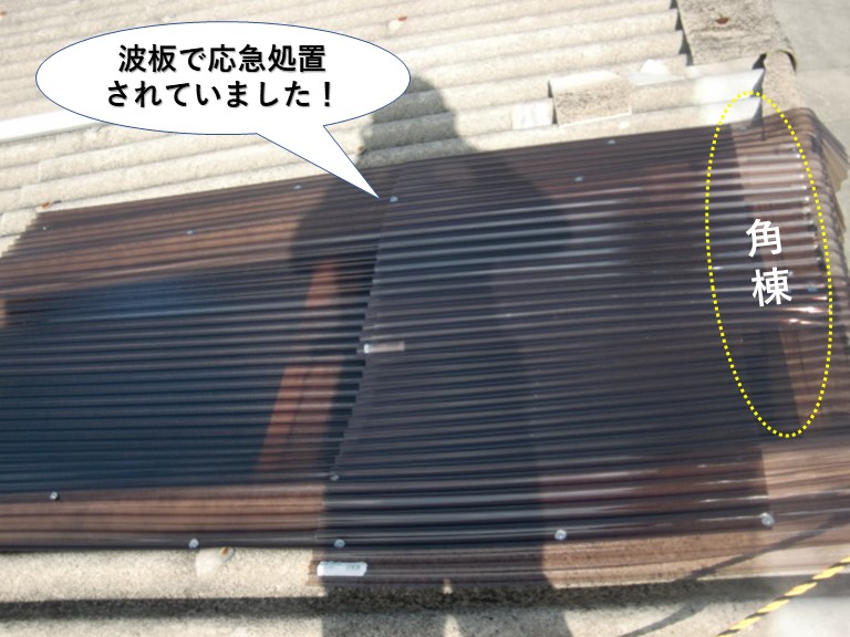 和泉市のガレージの屋根を波板で応急処置されていました