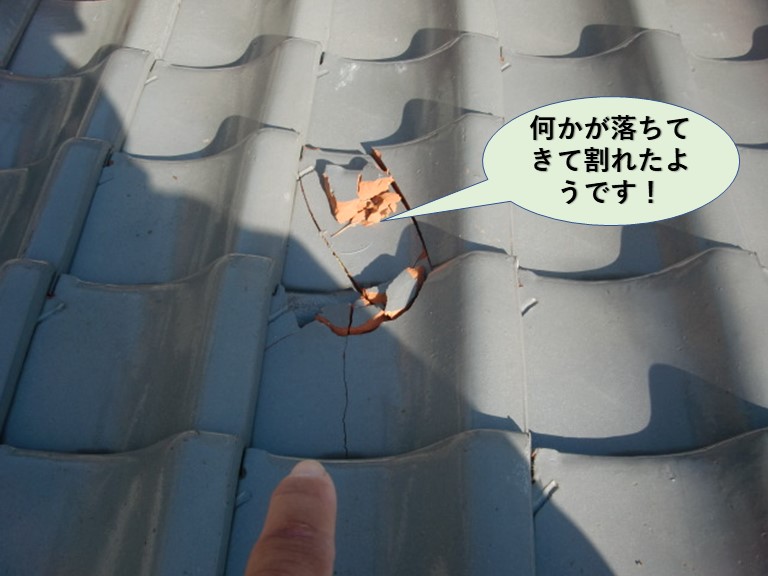 岸和田市の屋根に何かが落ちてきて瓦が割れたようです