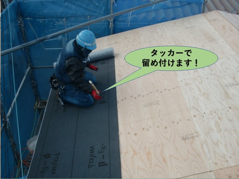 岸和田市の屋根にルーフィングをタッカーで留め付けます