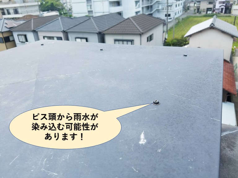 岸和田市の飾り煙突のビス頭から雨水が染み込む可能性があります