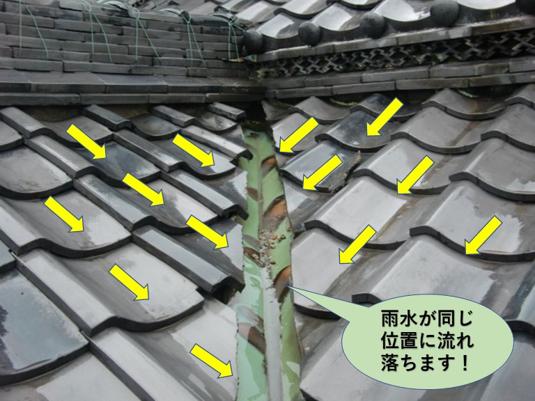 岸和田市の屋根に落ちる雨水が同じ位置に流れ落ちます