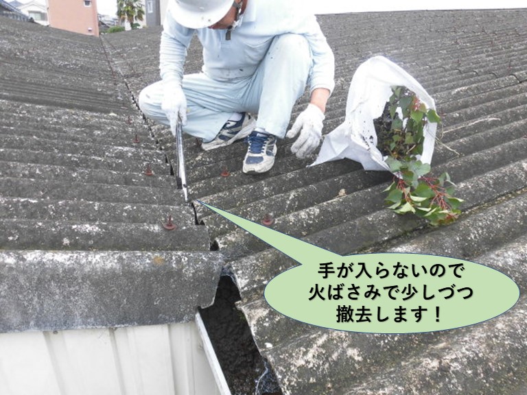 岸和田市のガレージの樋の堆積物を火ばさみで少しづつ撤去