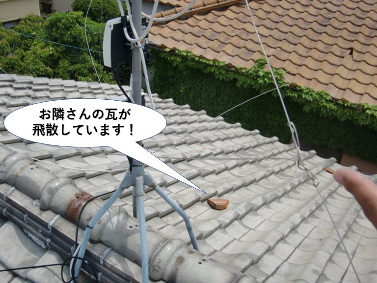 泉佐野市の屋根にお隣さんの瓦が飛散しています