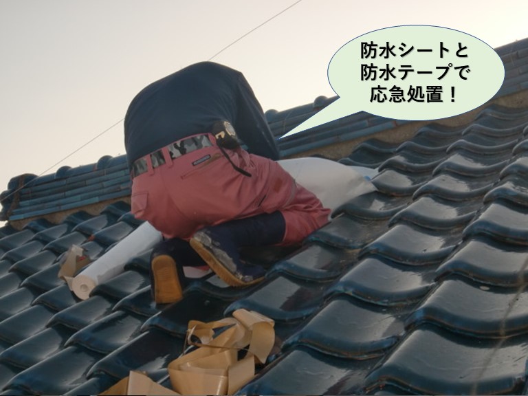 岸和田市の屋根を防水シートと防水テープで応急処置