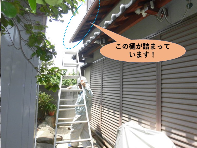 岸和田市の二階の屋根の雨樋が詰まっています