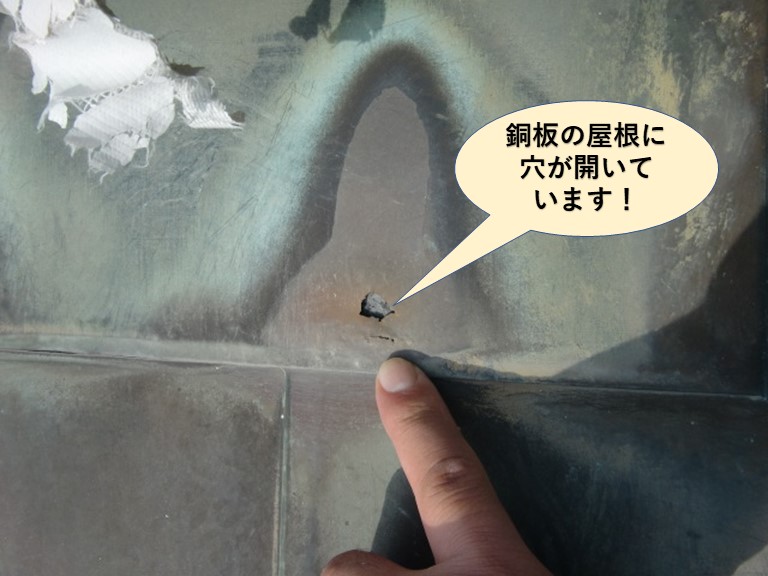 岸和田市の銅板の屋根に穴が開いています