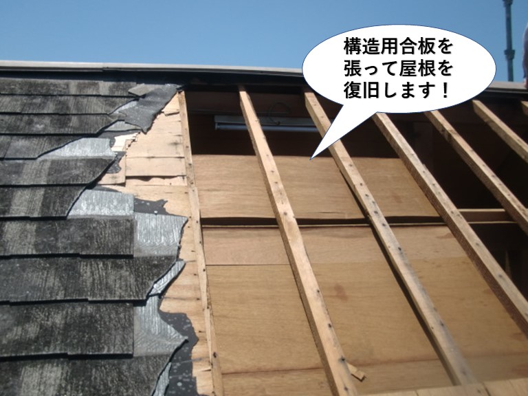 熊取町の屋根に構造用合板を張って屋根を復旧