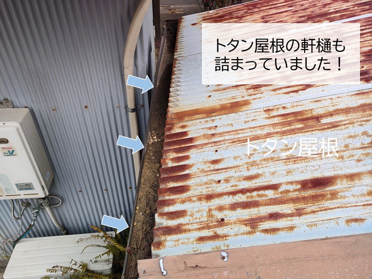 和泉市のトタン屋根の軒樋も詰まっていました