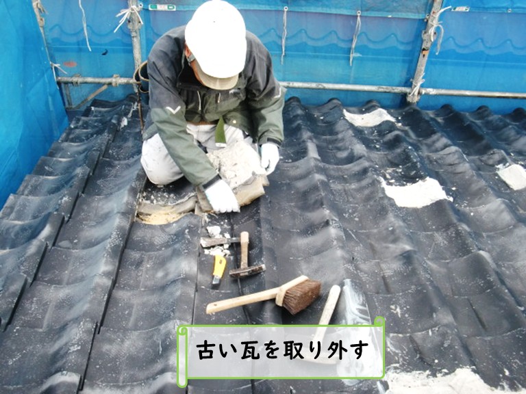 和泉市古い瓦を取り外す