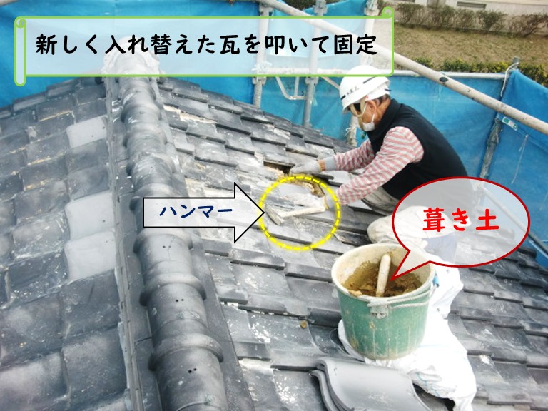 和泉市新しく入れ替えて瓦を叩いて固定