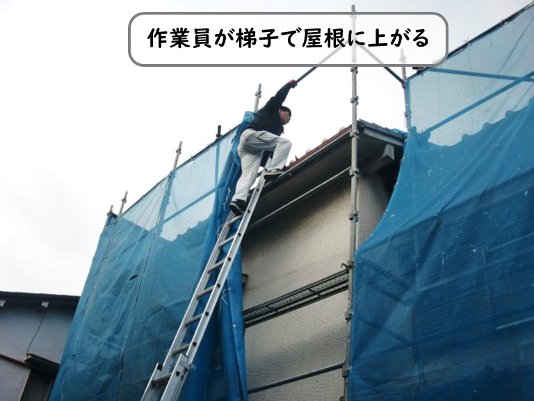 和泉市梯子で屋根にあがる