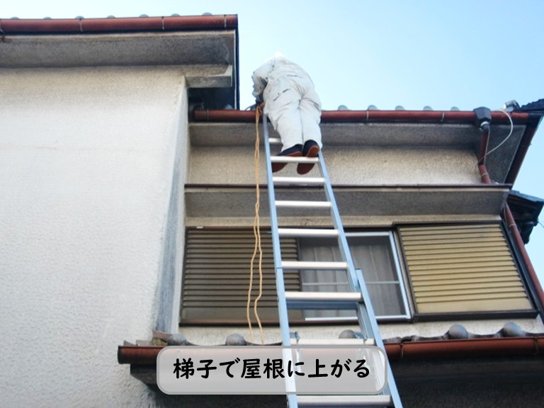 和泉市梯子で屋根に上がる