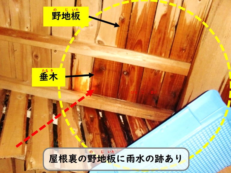 屋根裏野地板雨水のあとあり