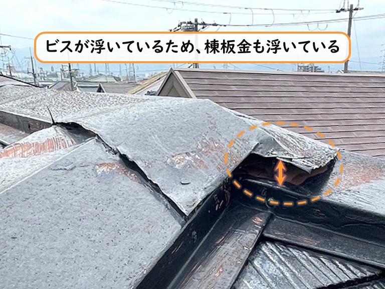 岸和田市 ビスが浮いているため、棟板金も浮いている