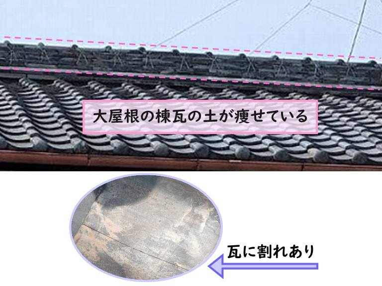 岸和田市 大屋根の棟瓦の土が痩せている