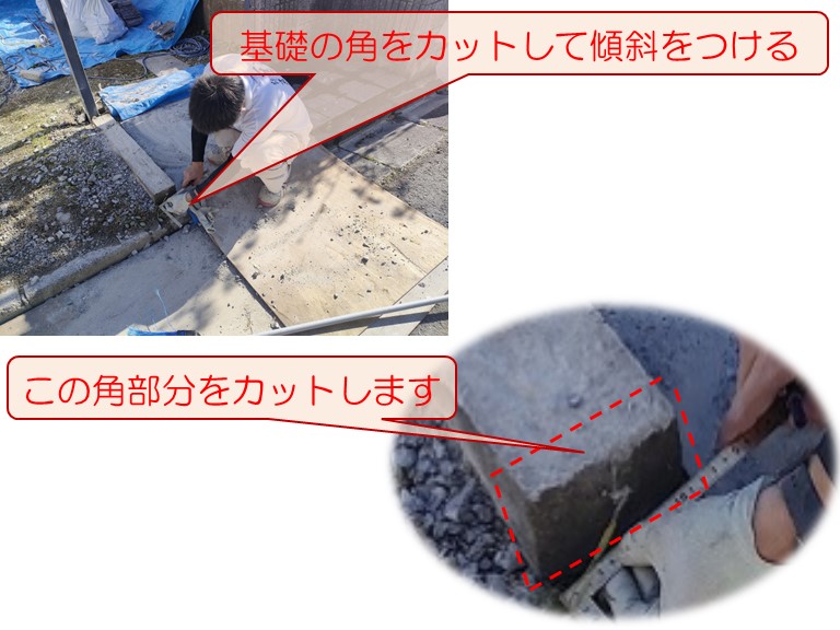 岸和田市でブロック塀門柱撤去工事ブロック塀基礎のカット