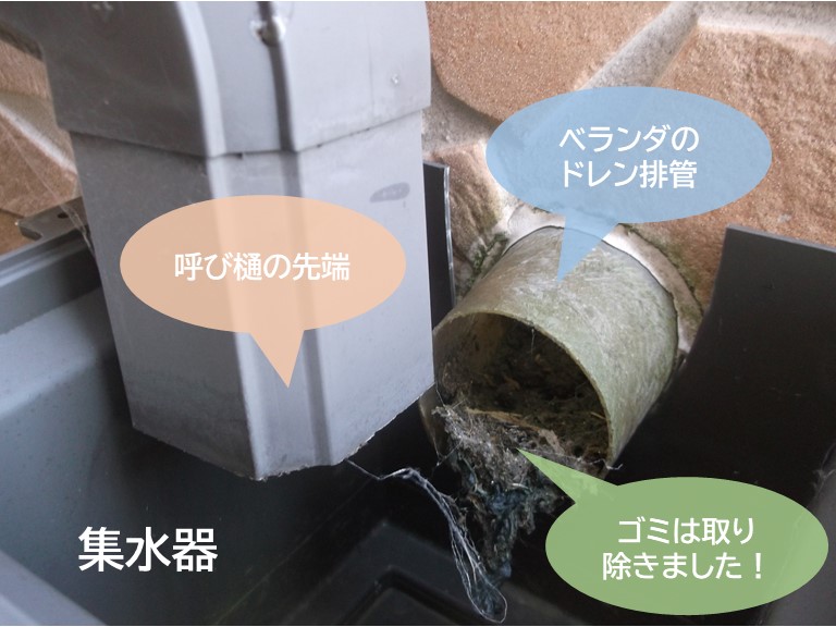 岸和田市のベランダのドレン排管のごみ