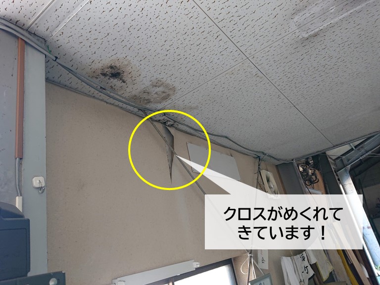 岸和田市の倉庫の壁のクロスが剥がれてきています