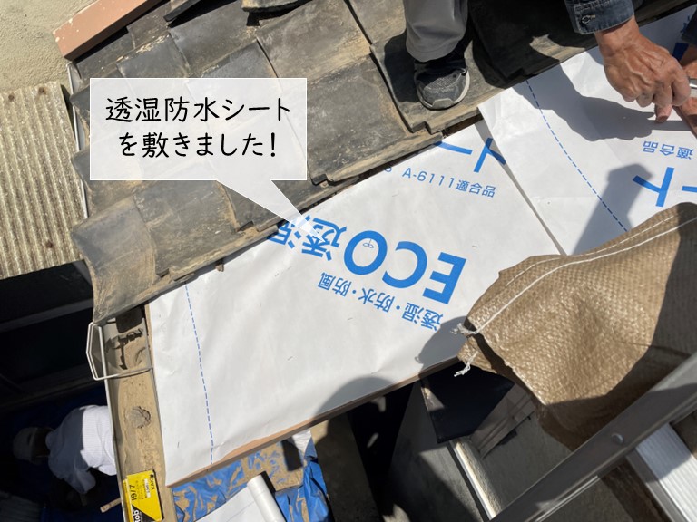 岸和田市の屋根に透湿防水シートを敷きました