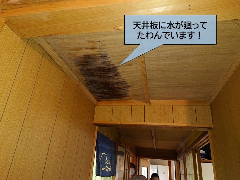 岸和田市の通路の天井板に水が廻ってたわんでいます